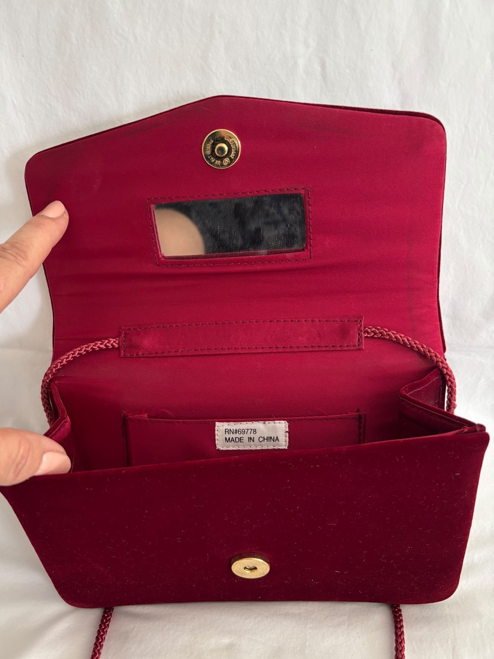 Burgundy Velvet Evening Bag Soutache Embroidered Crossbody Clutch Purse Mirror - Picture 5 of 5